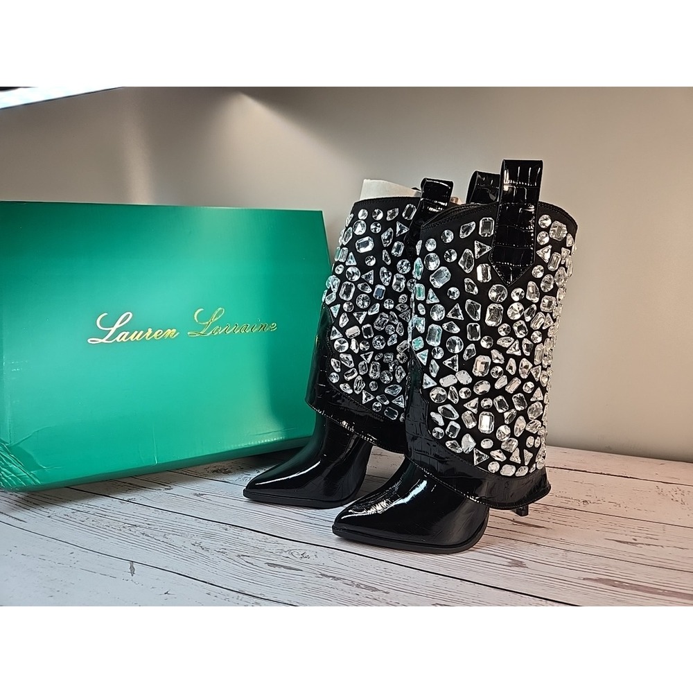 Lauren Lorraine Hana Metallic Black Embellished Stiletto Heel Cowboy Boot Sz 5.5